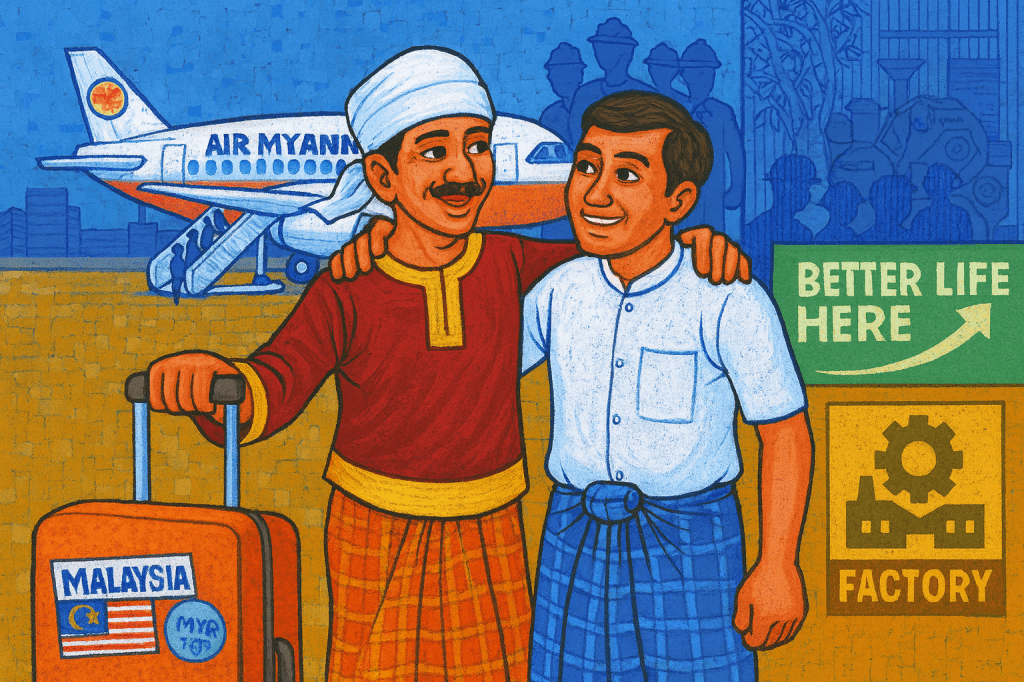 At an airport, Ko Aung Min stands with his uncle, both smiling with hope. A suitcase marked “Malaysia” is beside them, while an airplane waits in the background. A sign reads “Better Life Here” pointing toward a factory symbol.