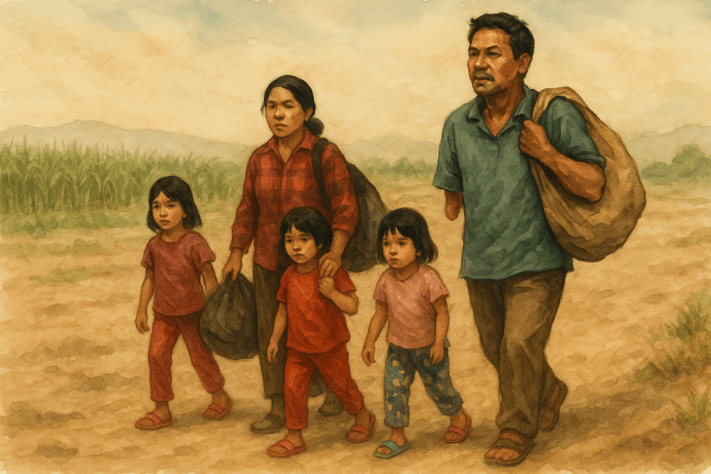 A Cambodian family of five walks along a dusty rural path. The father, with one arm amputated, leads with a bag over his shoulder. His wife follows, carrying another bag, while their three young daughters walk close by. Sugarcane fields and hills stretch faintly in the background under a warm sky.
