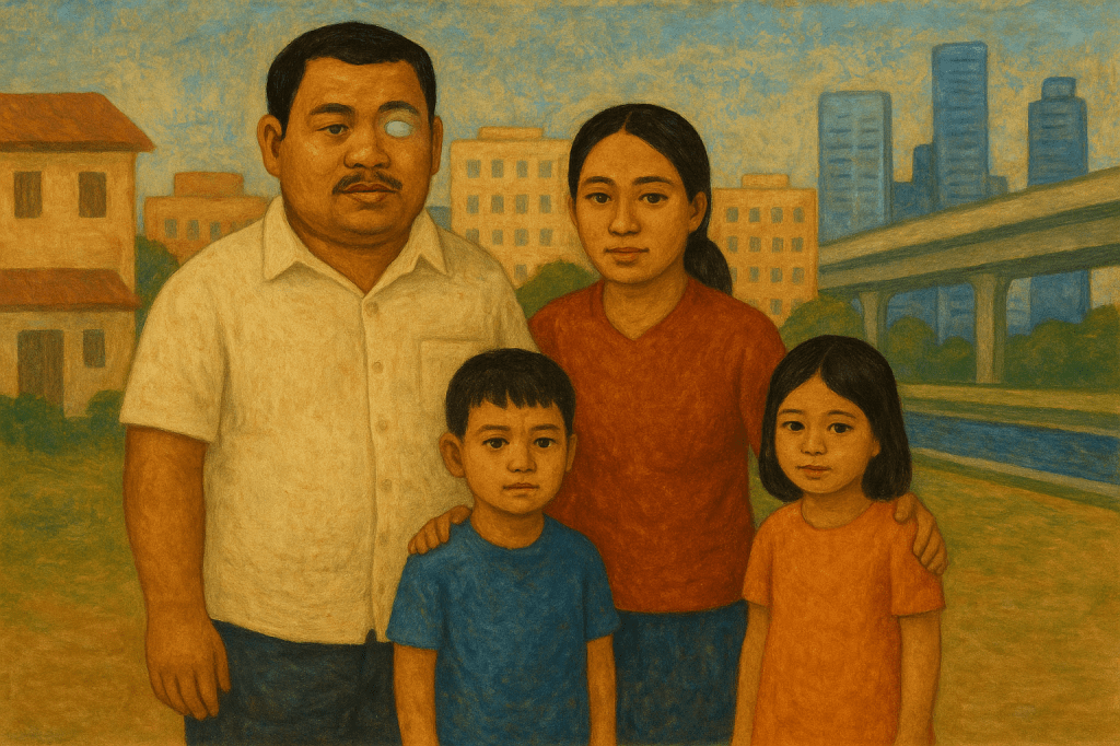 A tempera-style painting of a Southeast Asian family standing outdoors in Bangkok. On the left is a slightly heavyset Cambodian man with short black hair, a mustache, and a cloudy left eye, wearing a cream short-sleeved shirt. Beside him is his wife, with long dark hair tied back, wearing a rust-red shirt, resting her arm on the shoulder of their young son in a blue shirt. Next to the boy is their young daughter in an orange shirt, with straight black hair. Behind them is a cityscape with mid-rise buildings, taller skyscrapers, and an elevated train track over a canal, painted in warm earthy tones.