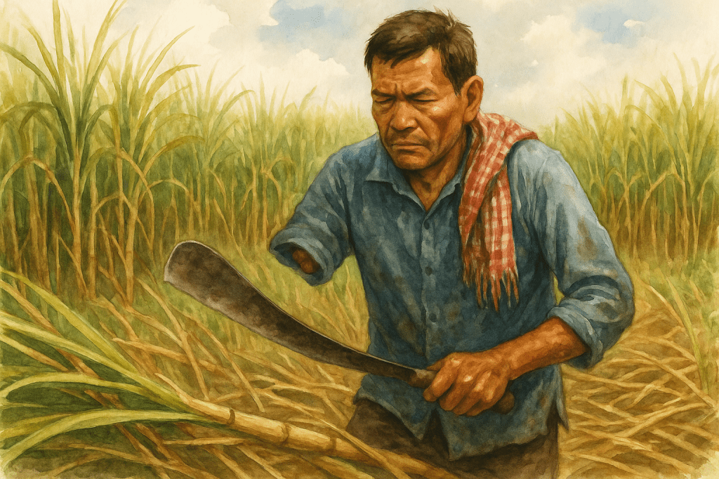 In a sugarcane field, Vichea Long works under the sun, cutting stalks with a machete despite having only one arm. His expression shows strain and fatigue as the tall cane surrounds him, painted in earthy watercolor tones.
