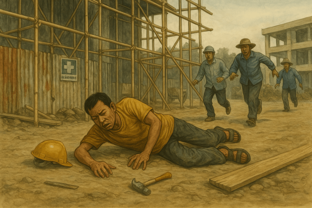 At a dusty Thai construction site, Ko Min Tun lies sprawled on the ground after falling from scaffolding, tools scattered around him. Fellow workers rush toward him as an unfinished building looms in the background. The scene conveys sudden tragedy without graphic detail.