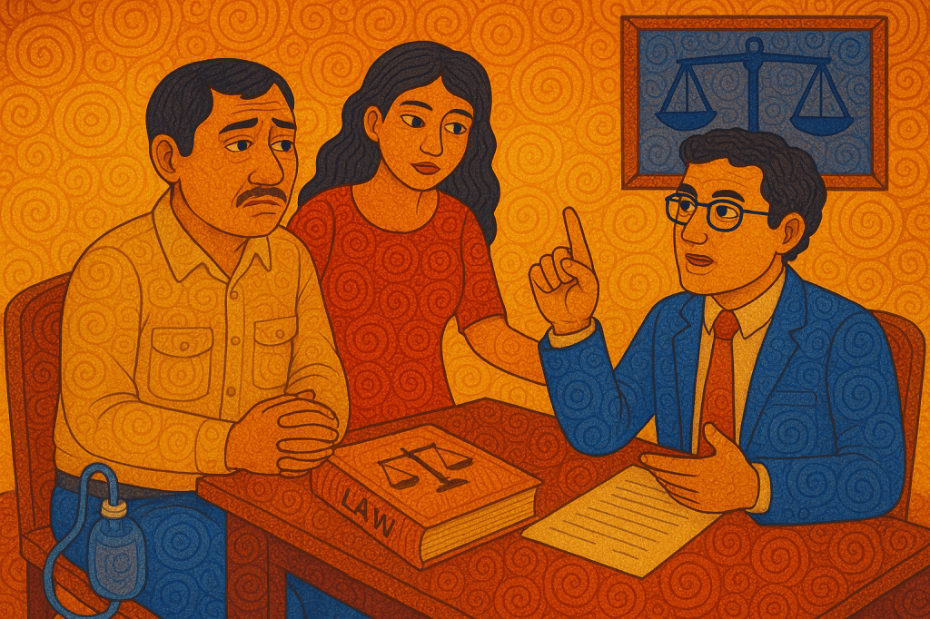A vibrant patterned digital illustration shows Andi seated at a table in a modest office with a medical tube connected to his side. His wife sits beside him, offering support, while a lawyer in a blue suit and red tie gestures with one hand and holds a sheet of paper in the other. A large “LAW” book lies on the table, and a framed scales-of-justice symbol hangs on the wall behind them.