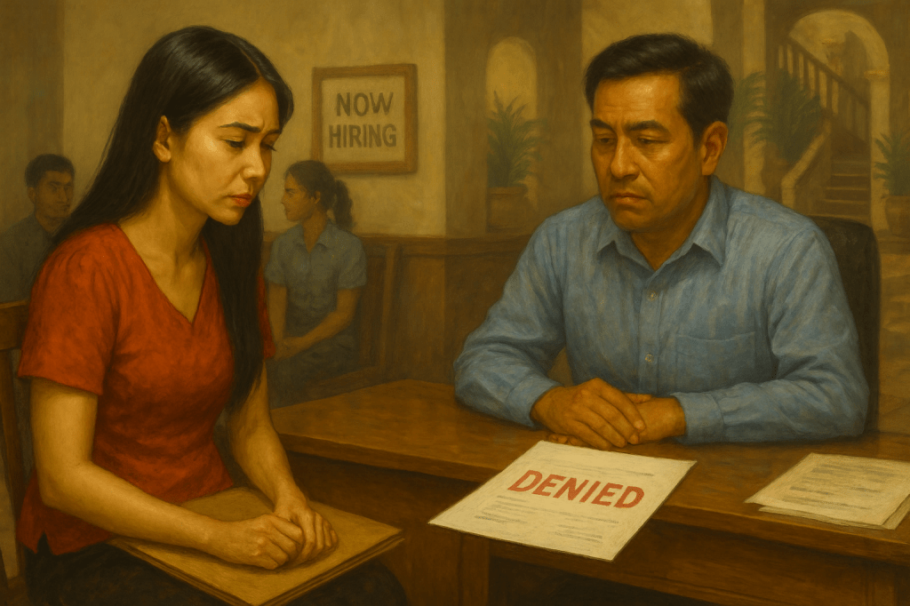 In a hotel office, a recruiter with a stern expression sits at a desk with a paper stamped “DENIED” in bold red letters. Across from him, a young woman in a red blouse looks discouraged, holding her documents. A “Now Hiring” sign hangs in the background, and other applicants wait on a bench.