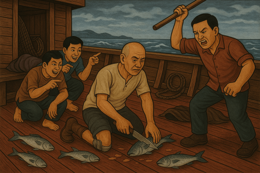 On a fishing boat deck, Rathana kneels while cutting fish. His prosthetic leg is visible. Two co-workers laugh and point at him, while a supervisor raises a stick to strike him. Dead fish and a small pool of blood lie on the deck. The sea and distant mountains are visible under a cloudy sky.