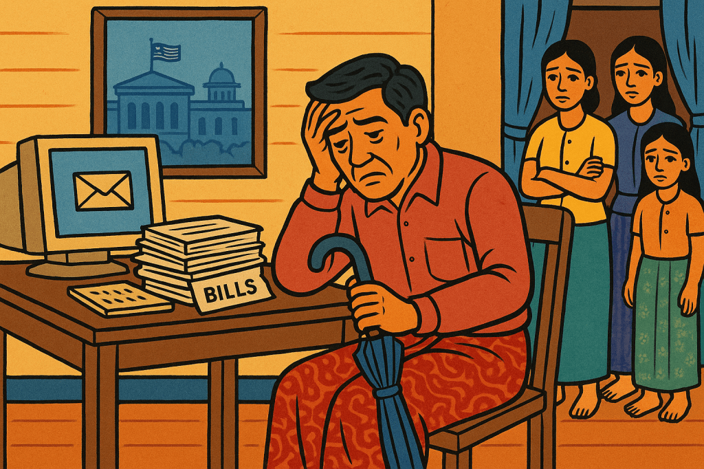 Ko Aung Min, wearing a white shirt and blue longyi, sits at a desk cluttered with bills and an old computer. He leans on an umbrella like a cane, holding his head in despair. Behind him, his wife and two daughters stand in the doorway, watching with concern.