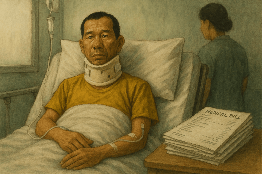 Ko Min Tun lies weak in a hospital bed, wearing a cervical collar and connected to an IV drip. On a small table beside him, stacks of medical bills emphasize the financial burden. A pale wall and window cast muted light across the room.