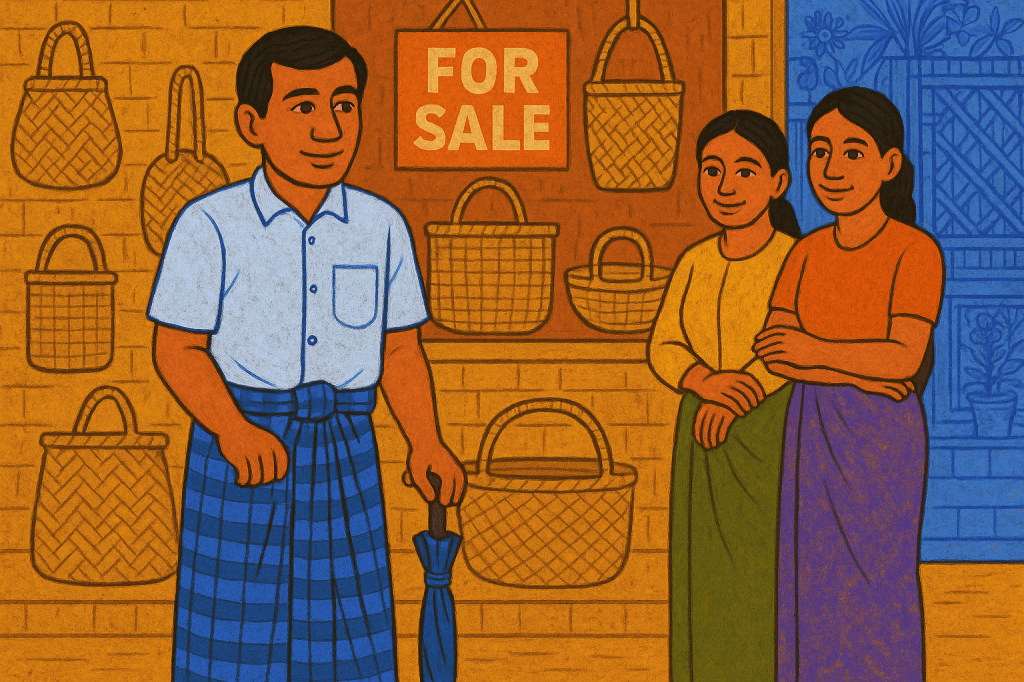 Outside a small shop displaying woven baskets for sale, Ko Aung Min uses an umbrella as a cane while standing with his wife and daughter. A “For Sale” sign is visible, and the warm tones of the scene suggest survival and resilience.