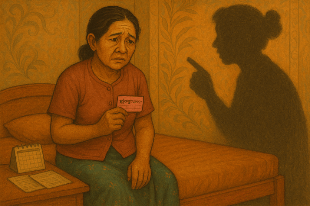 Inside a small employer’s room, Mathida Win sits on a wooden bed holding her Pink Card tightly, her face anxious and weary. A calendar and papers lie on the side table. On the wall, a looming shadow of her employer points accusingly, symbolizing abuse and fear. The muted warm tones highlight her isolation.