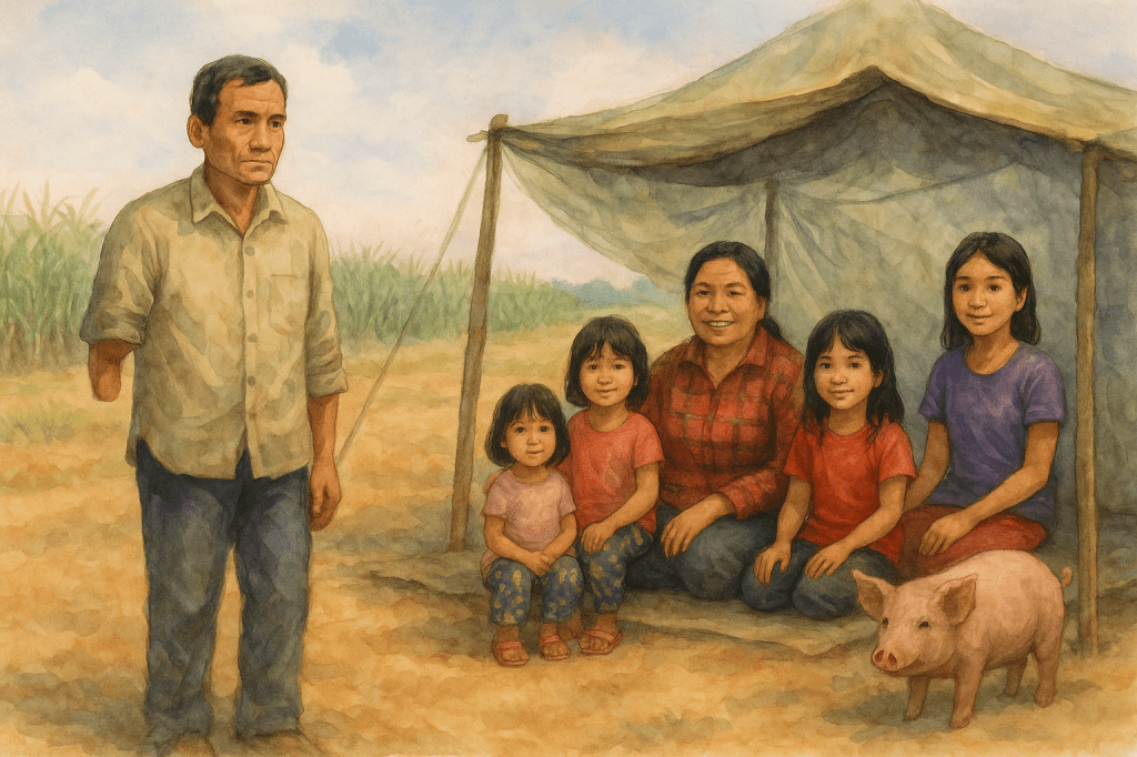Back in Cambodia, the family stands outside a small wooden pigpen with two pigs inside. Vichea leans on a stick, his amputated arm visible, while his wife and three children stand beside him. Their expressions are weary yet steady, framed by a faded rural landscape.