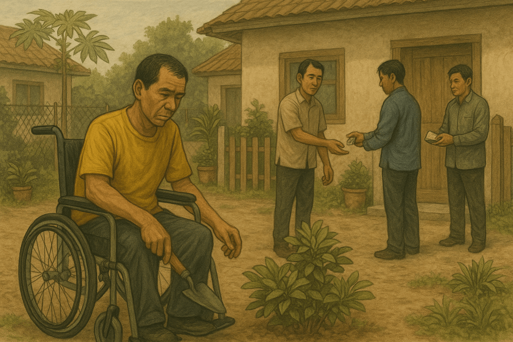 Ko Min Tun, now older and in a wheelchair, tends to plants in a small garden outside a modest home. In the background, two able-bodied workers exchange a larger wage, highlighting the inequality he faces. The muted palette conveys quiet resilience amid injustice.