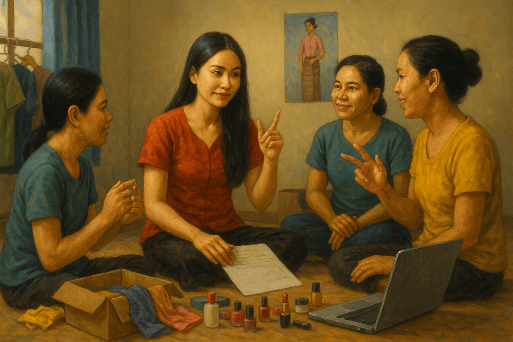 In a small rented room in Thailand, the young woman sits on the floor surrounded by beauty products, fabrics, and a laptop. She is signing with three Thai friends who smile and encourage her. On the wall, a poster of a traditional Myanmar dress hangs as a symbol of her cultural pride.
