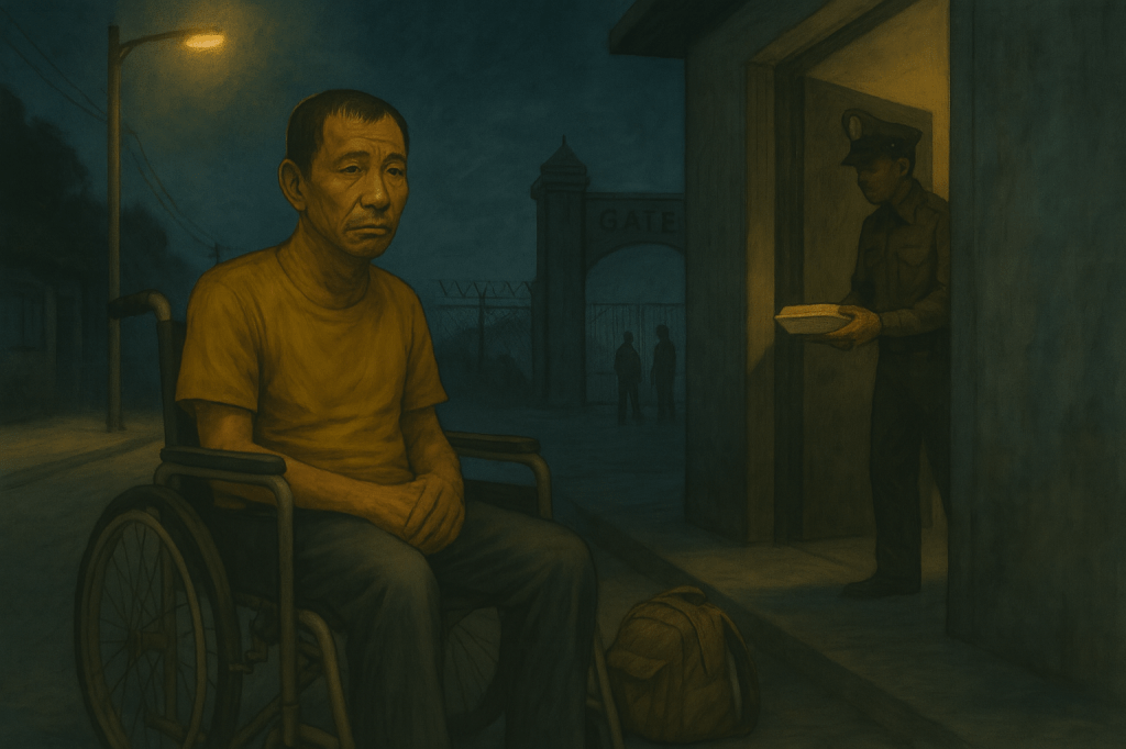 At night on a dim street, Ko Min Tun sits in his wheelchair under a streetlamp, holding a small bag of belongings. A police officer stands in the doorway of a station, offering him food, while a shadowy border gate appears in the distance. The cool blues and greys contrast with the warm glow of the streetlight, symbolizing isolation and fleeting relief.
