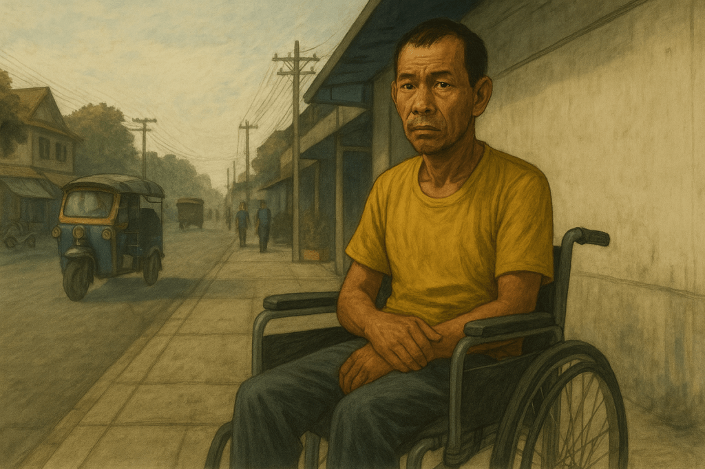 A middle-aged Southeast Asian man in a yellow shirt sits in a wheelchair on the side of a quiet street. His expression is solemn and weary. Behind him, a blue tuk-tuk drives down the road, with a few pedestrians and buildings fading into the muted background. The scene conveys isolation and hardship.