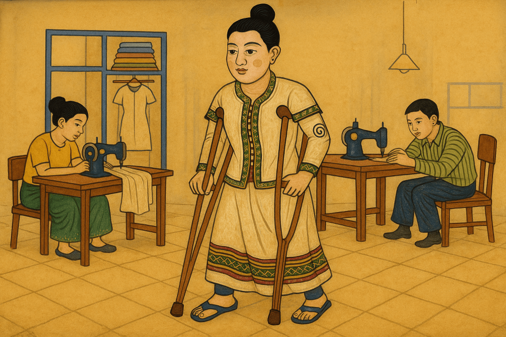 A traditional Burmese-style painting depicts a woman with polio using crutches standing confidently in a sewing workshop. She wears intricately patterned traditional attire and sandals. Around her, two people work diligently on sewing machines, set against a warm, textured backdrop featuring folded clothes and hanging garments.