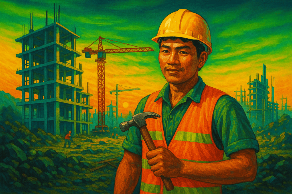 A detailed acrylic-style painting of a focused young Southeast Asian construction worker wearing a yellow hard hat and an orange safety vest, holding a hammer. He stands confidently at a busy construction site with several partially built concrete structures and red cranes under a dramatic sunset sky, blending warm orange and green tones.