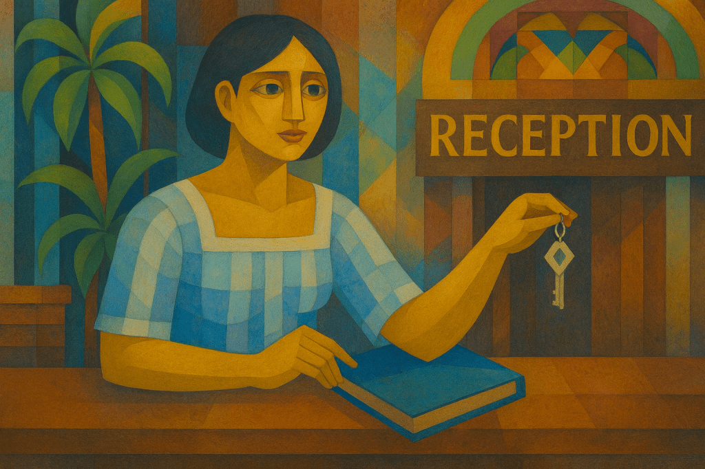 A cubist-style oil painting of a young Filipina hotel receptionist seated behind a wooden counter, wearing a striped blue-and-white blouse and holding a single room key between her fingers. Behind her, geometric shapes form a potted palm, a stained-glass arch, and a bold golden “RECEPTION” sign against a backdrop of warm browns and cool blues.