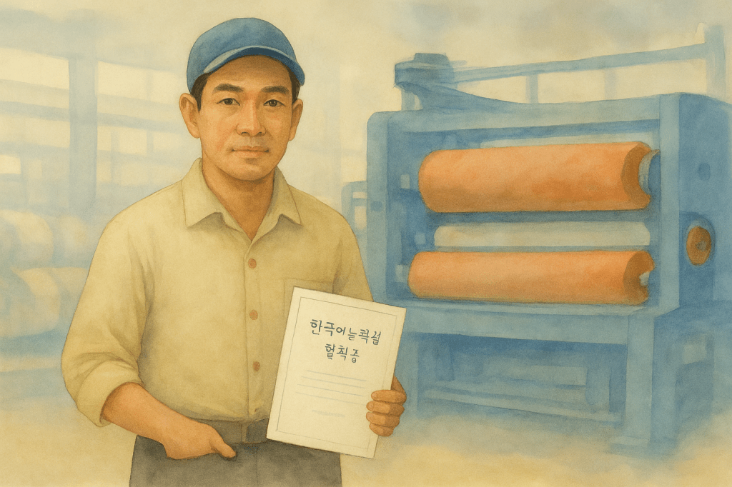 A watercolor portrait of a Cambodian factory worker standing beside a large textile-flattening machine. He wears a beige long-sleeve shirt and a blue cap, and holds a certificate inscribed in Korean (“한국어능력시험 합격증”). The machine’s rollers are painted in muted blues and warm terracotta tones, and soft, diffused light filters through factory windows in the background, creating a gentle, slightly hazy atmosphere.