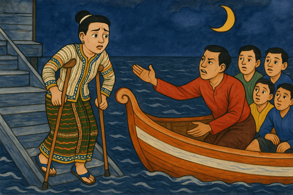 A traditional Burmese-style painting depicts a tense nighttime scene by the water. A woman with polio using crutches descends wooden stairs, looking anxious and uncertain. A man in a boat reaches out to her with a pleading gesture, while four other men seated behind him watch the encounter with concern. The crescent moon shines in the dark sky above.