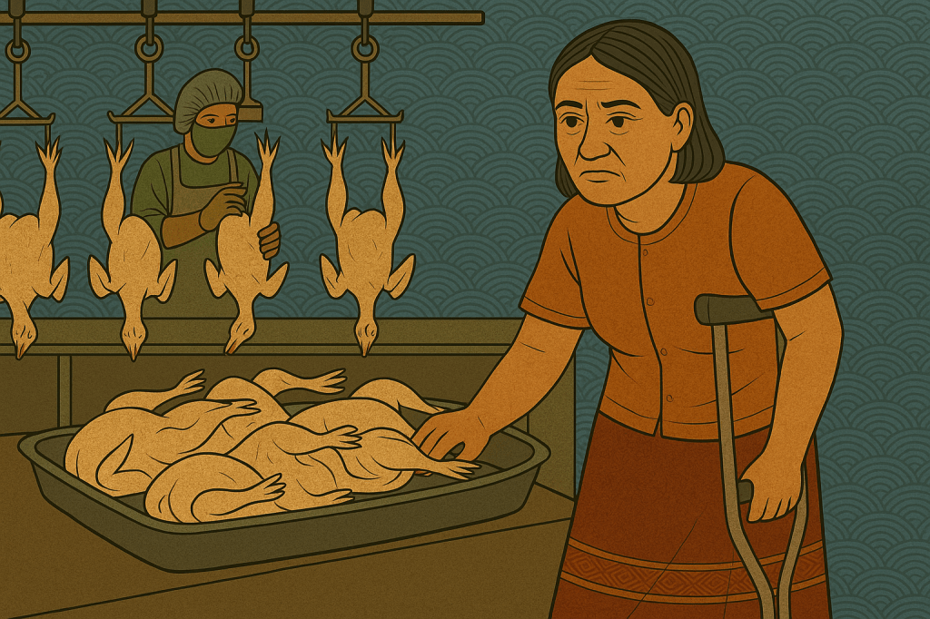 A traditional-style digital illustration of a Cambodian woman with a mobility impairment working in a chicken processing factory. She stands with a crutch under her right arm, wearing an orange blouse and a red patterned skirt, as she handles raw chickens in a large metal tray. In the background, a worker in protective clothing inspects chickens hanging on hooks, all set against a blue patterned wall with lotus motifs.