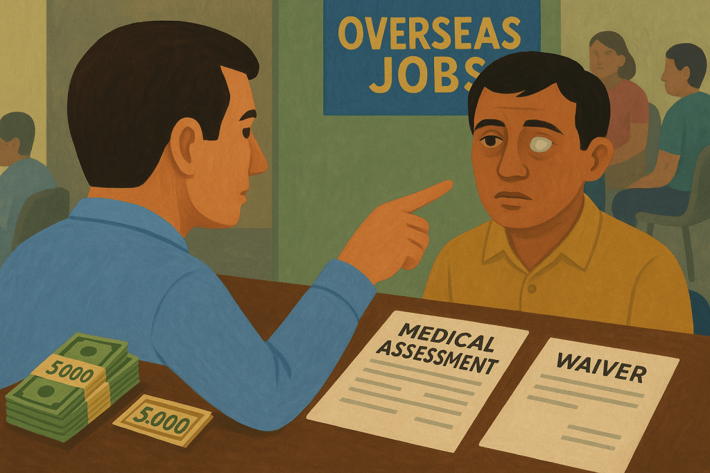A serious scene at a job recruitment office. A recruiter, seated behind a desk with cash and a "5,000" bill, points at a worried man with a visible cataract in one eye. The desk displays two documents labeled "MEDICAL ASSESSMENT" and "WAIVER." In the background, a blue sign reads "OVERSEAS JOBS," and other people sit in waiting chairs. The illustration uses a flat, stylized art style.