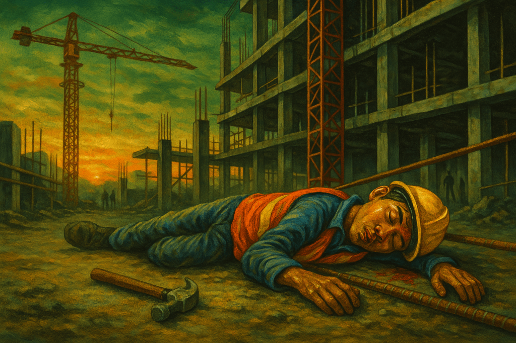 A traditional oil painting of an unconscious Southeast Asian construction worker lying face down with a bleeding head on a dusty construction site at sunset. He wears a blue shirt, orange safety vest, and yellow helmet. A hammer and metal rods lie nearby. In the background, an unfinished concrete building and cranes stand under a vivid orange sky, while distant workers are silhouetted.