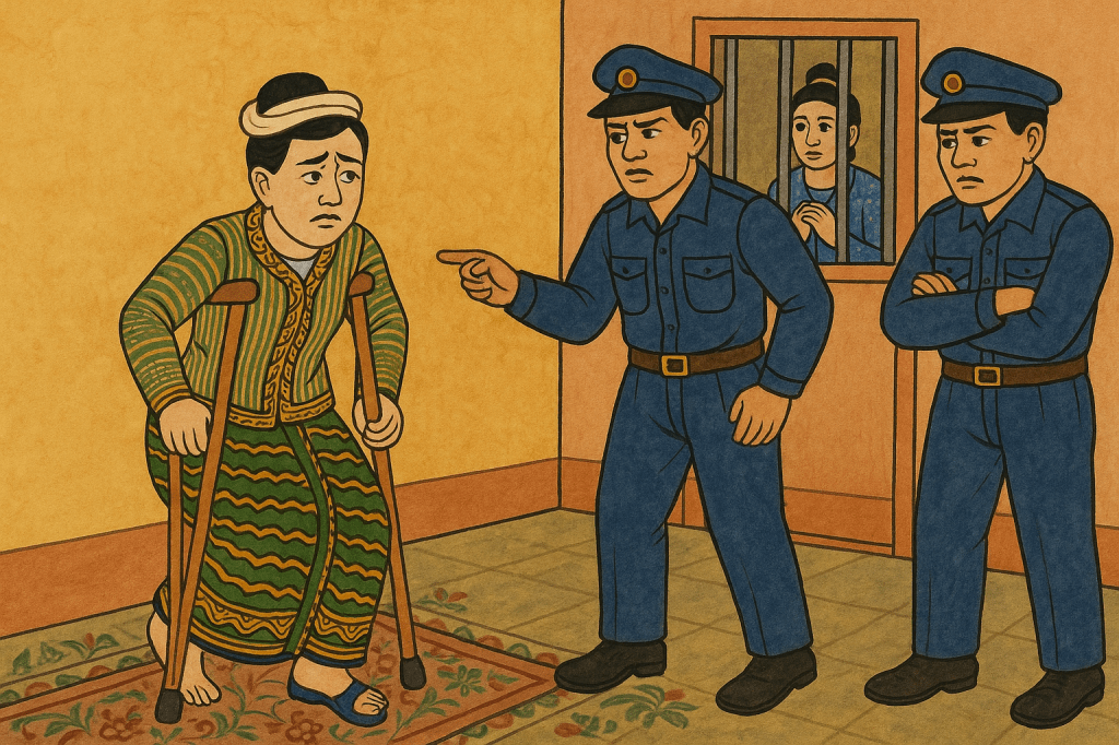A traditional Burmese-style painting depicts a distressed woman with polio on crutches inside a detention room. Two stern police officers stand before her, one pointing accusingly. Behind bars, another woman watches anxiously. The room has warm-toned walls and a patterned rug on the floor.