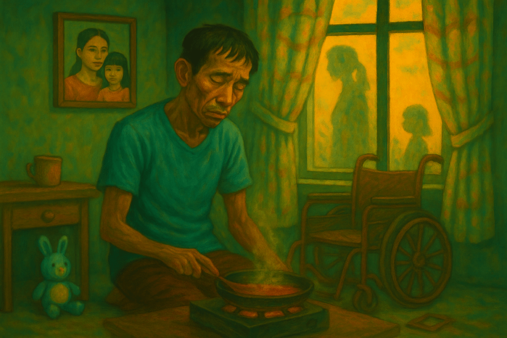 A traditional oil painting of a middle-aged Southeast Asian man cooking on a small stove in a modest room. He wears a blue shirt and brown pants, sitting on a wooden stool. A blue stuffed bunny toy sits beside a wooden table with a mug. Behind him is a wheelchair near a window with yellow-orange curtains, through which the silhouettes of a woman and child can be seen. A framed portrait of a woman and child hangs on the wall.