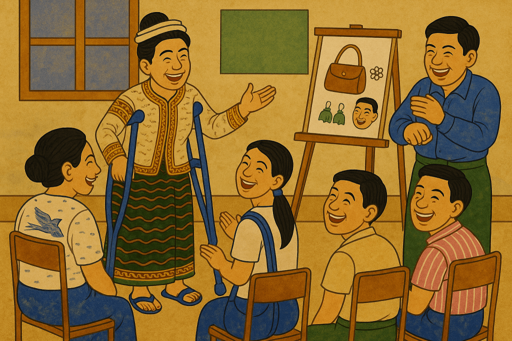 A traditional Burmese-style painting shows a joyful woman on crutches sharing a story with a group of smiling listeners seated in front of her. The setting is a warm, well-lit room with sewing designs on a board and folded clothes by the window.