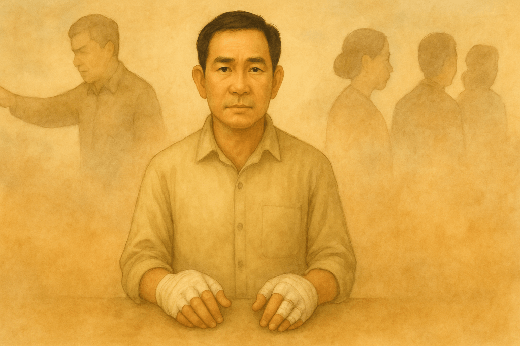 A soft watercolor portrait of a man seated at a table, his bandaged hands resting in front of him. Faint silhouettes behind him depict a stern employer gesturing at left and a small group of people whispering at right, symbolizing workplace injustice and social stigma. The warm, muted earth tones and gentle brushstrokes create a contemplative, introspective mood.