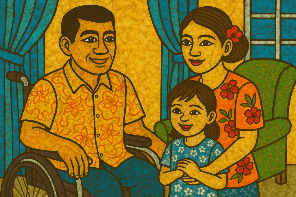 Batik-style illustration of a smiling man in a wheelchair with a woman and a young girl standing beside him, all wearing floral patterned clothing, inside a cozy room with curtains and a green armchair.